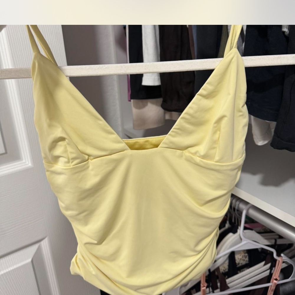 White Fox Boutique Yellow Ruched Sleeveless Bodysuit
